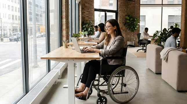 Businesswoman in a wheelchair typing on a laptop computer on a smooth wooden desk inside a sunlit industrial office with large windows and brick walls.