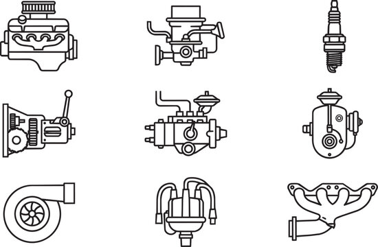 Automotive engine parts and mechanical components including engine block, carburetor, spark plug, transmission, fuel pump, and exhaust manifold