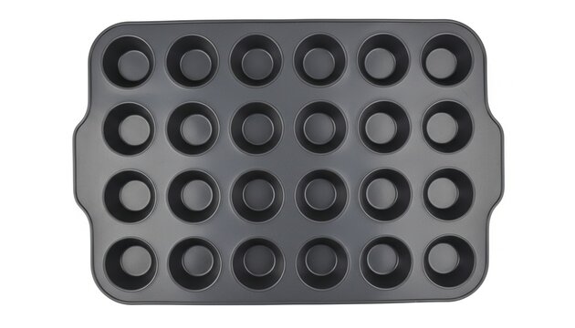 Black metal muffin pan with multiple circular molds for baking purposes.