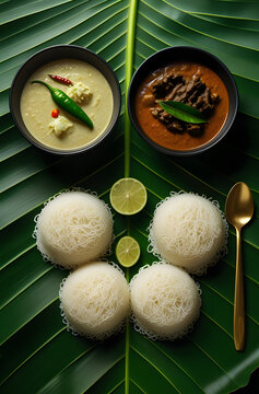 Traditional South Indian Banana Leaf Meal with String Hoppers and Three Curries