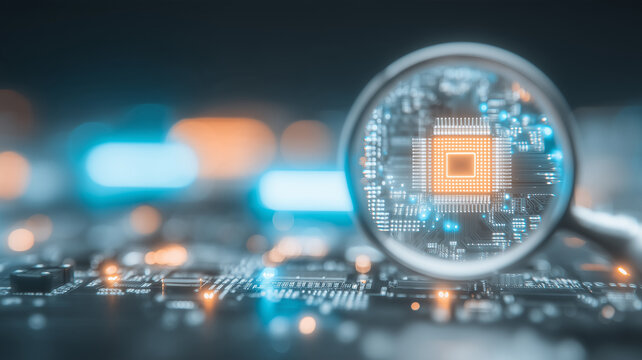 Magnifying glass focused on a microchip and circuit board representing semiconductor inspection and electronic component analysis.
