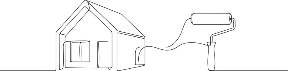 Obraz premium Single line of a house icon and a paint roller tool representing home painting and renovation services on a white background