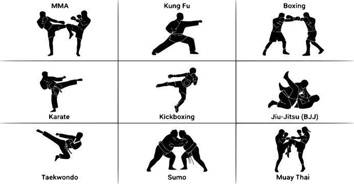 mix martial arts, Kungfu, boxing, karate, kick boxing, jujitsu, taekwondo, sumo, mauy thai. Silhouette vector illustration.