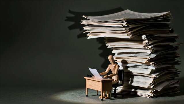 Wooden figure sits at desk, overwhelmed by towering stack of papers under dim light.