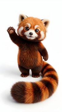 A charming 3D render of a cute red panda character with a bushy striped tail standing and friendly waving its paw on a white background.