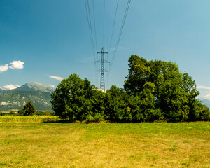 A tall electrical transmission tower stands amidst a group of trees in a rural field, providing power distribution infrastructure against the backdrop of distant mountains under a clear blue sky. © Marcos