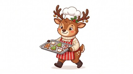 Fototapeta premium Cute reindeer chef holding a tray of Christmas cookies