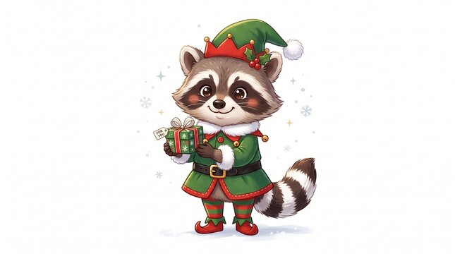 Cute Raccoon Elf Holding a Christmas Gift with a For You Tag