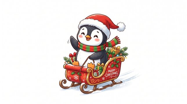 Cute cartoon penguin in Santa hat riding a sleigh full of Christmas gifts