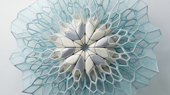 Abstract geometric floral structure featuring intricate interlocking lattice patterns in soft blue