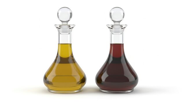 Two elegant glass cruets with olive oil and balsamic vinegar isolated on a white background.