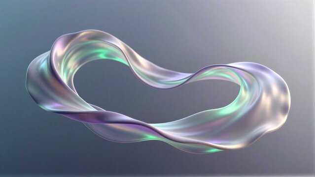 A flowing, iridescent ribbon twists gracefully against a soft gradient background.