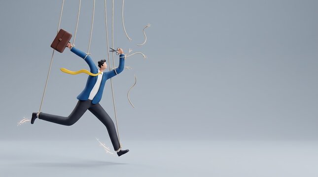 Miniature businessman cutting puppet strings with scissors to break free