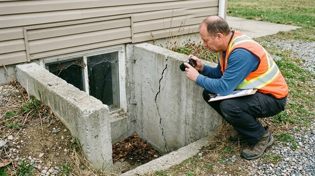 Insurance adjuster inspecting a cracked exterior basement window well &ndash; storm damage property insurance claim inspection