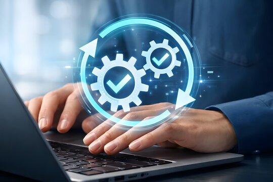 Regular system maintenance and testing for reliable and secure operation. Businessman using laptop computer to install upgrades.