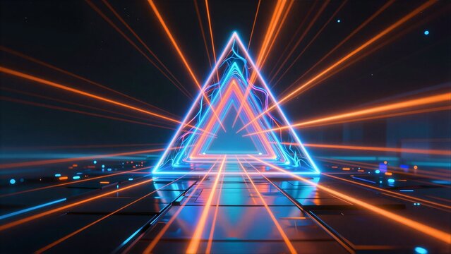 Neon triangle portal with radiant orange and blue light beams in futuristic digital space.