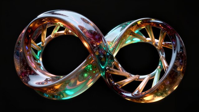 Infinite loop of glowing, colorful glass with vibrant internal reflections against a black background.