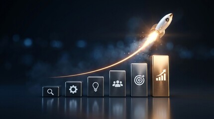 Business Startup and Growth Concept with Launching Rocket and Progress Bar Chart