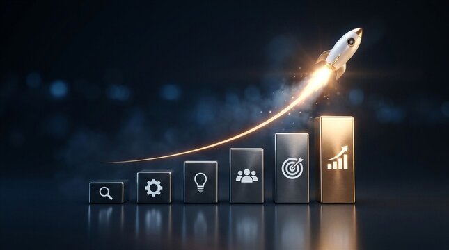 Business Startup and Growth Concept with Launching Rocket and Progress Bar Chart
