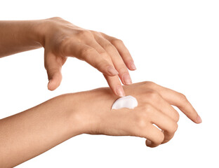 Skincare and dermatology routine, woman applying moisturizing cream on her hand for skin health and...