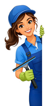 Cartoon female cleaner character holding squeegee and giving thumbs up, wearing blue uniform and cap, isolated on white background for cleaning service advertisement design.
