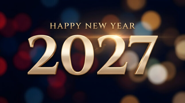 Gold metallic numbers 2027 on festive blurred background for new year greeting cards, invitations, banners, social media posts, and website designs.