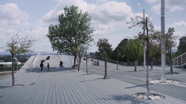 Mantarraya Park wide shot in Los Fuertes area of Puebla featuring modern wooden architecture on hill