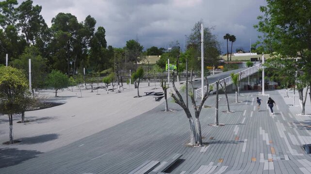 Mantarraya Park wide shot in Los Fuertes area of Puebla featuring modern wooden architecture on hill
