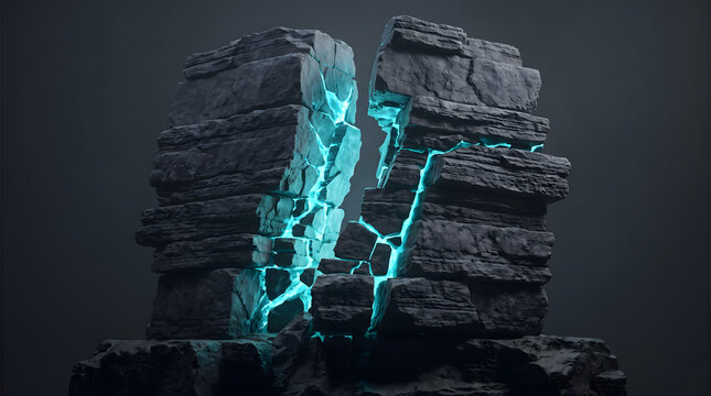 Mysterious ancient rock formations split apart, revealing vibrant, glowing blue fissures and internal energy against a dark, dramatic background.