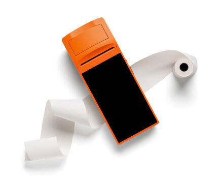 Orange payment terminal with receipt paper on white background, top view