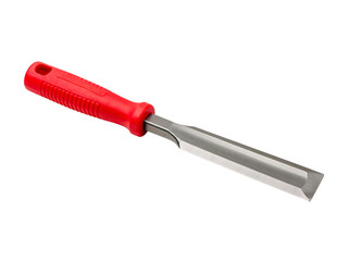 Fototapeta premium Red-handled chisel with metallic cutting blade.