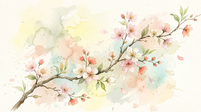 Watercolor illustration of a blooming cherry blossom branch with soft pastel pink and white flowers on a textured artistic background