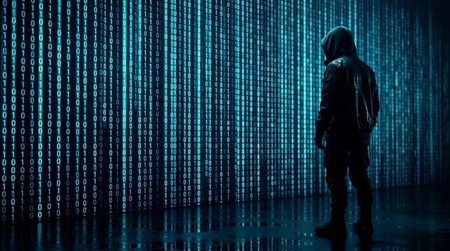 Hooded person standing before blue binary code