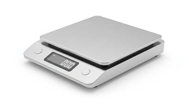Digital kitchen scale, measuring weight, isolated on white background.