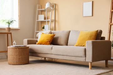New sofa and wicker table in modern interior of living room © Pixel-Shot