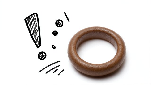 Brown ring beside hand-drawn exclamation mark and sound effects on white background.