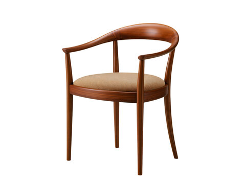 Modern wooden chair with curved back and woven seat.