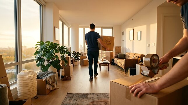 Man carrying cardboard box in bright apartment