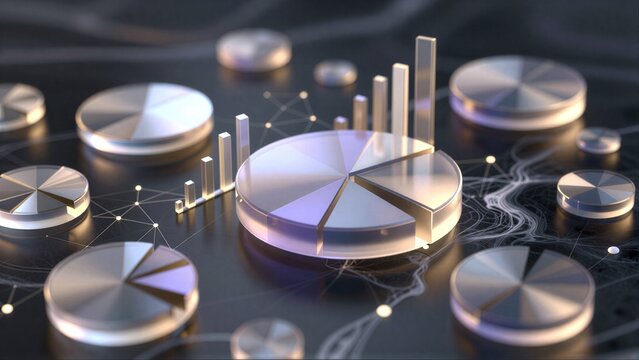 Abstract data visualization with metallic charts and glowing network connections.