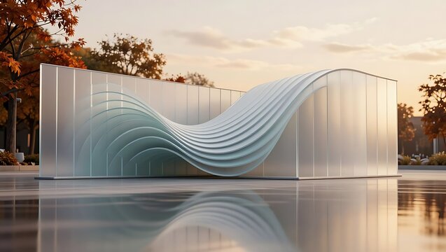 A sinuous wave-like sculpture made of translucent glass blocks is integrated into a modern building facade reflecting autumn trees and sunset light.