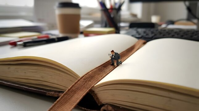 Small Figurine Reading on Open Notebook with Brown Strap in Office