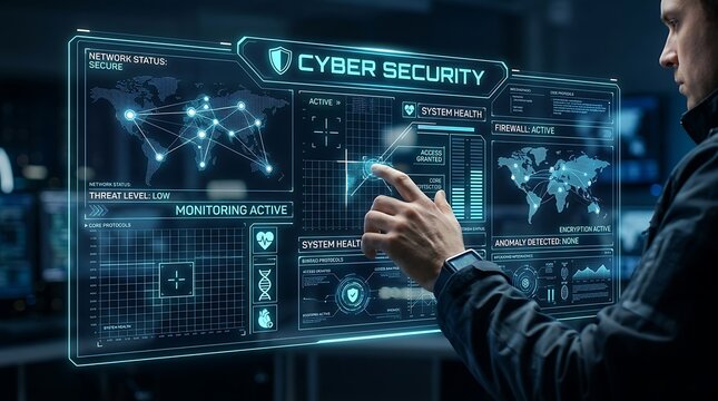 Man interacting with digital cyber security interface