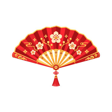 Red Chinese folding hand fan with floral patterns and hanging tassel for traditional festival decoration