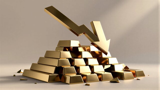 Golden bars pile up as a downward arrow symbolizes financial decline or market crash.