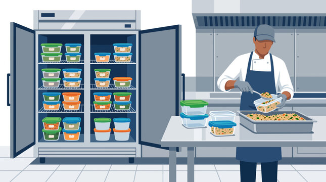 Professional chef organizing food containers in a commercial restaurant kitchen refrigerator.