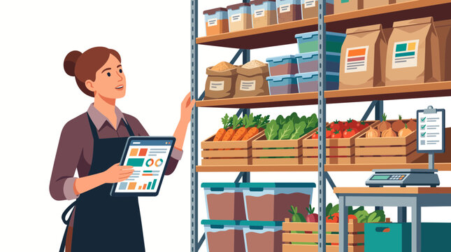 A female grocery store worker using a digital tablet to manage inventory on shelves.