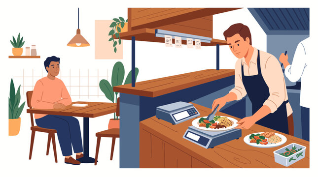 A male chef preparing food in a restaurant kitchen with a customer waiting at a table.