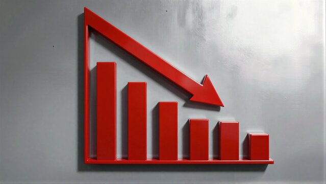Red bar graph with downward arrow symbolizes declining trends or negative performance.