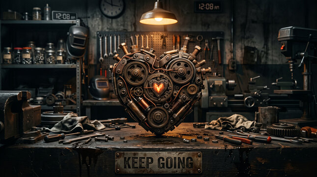 Steampunk Mechanical Heart Made Of Gears And Bolts On Workshop Table Keep Going