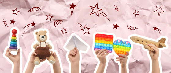 Childhood development and creative play, children holding various toys and educational games...